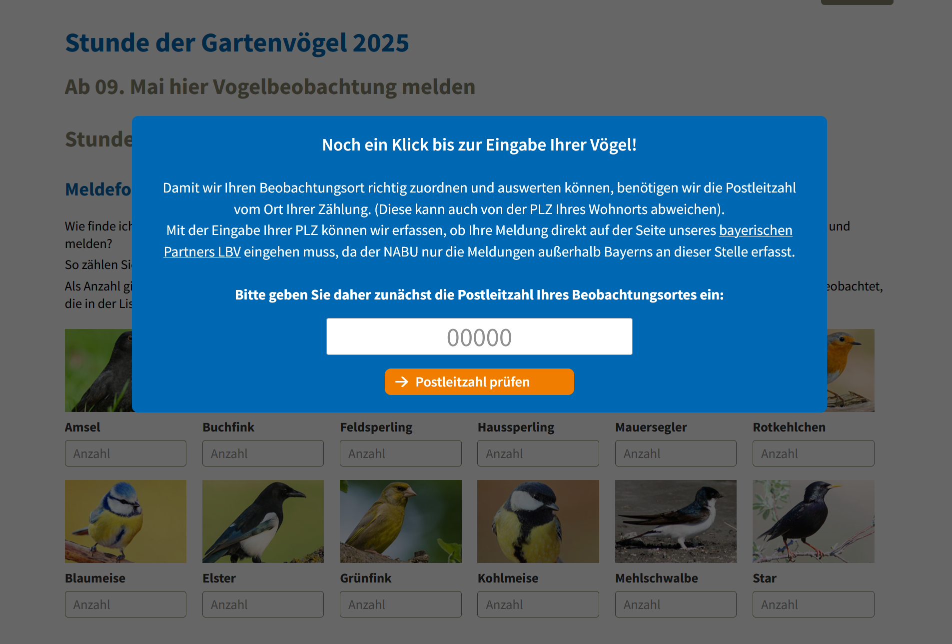 Eingabe Postleitzahl auf der Seite des NABU